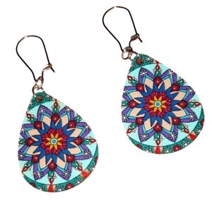Turquoise Blue Flower Mandala Earrings Colorful Floral Teardrop Water Drop Shape